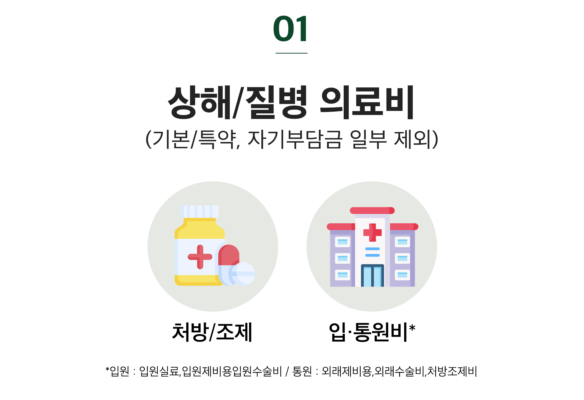 01 상해/질병 급여의료비(기본/특약, 자기부담금 일부 제외) / 처방,조제 / 입,통원비 / *입원 : 입원실료,입원제비용입원수술비 / 통원 : 외래제비용,외래수술비,처방조제비